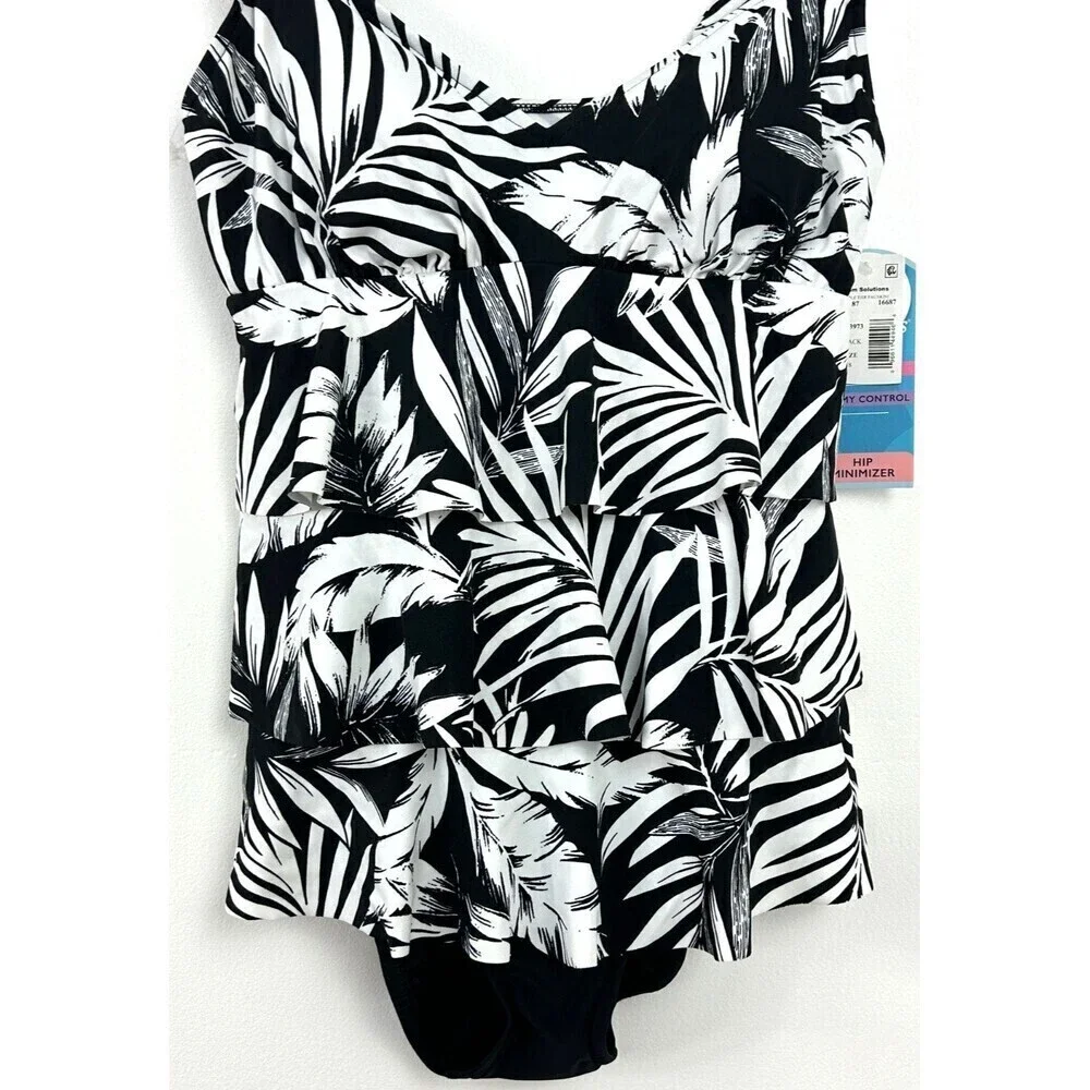 Swim Solutions Feather Bloom Black White Triple Tier One Piece Swimsuit Sz 8 - Picture 5 of 12